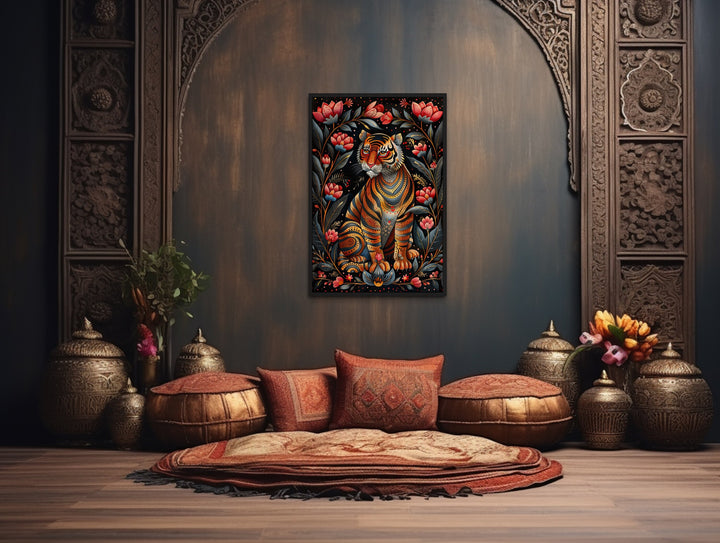 Madhubani Style Tiger Painting Framed Indian Canvas Wall Art in indian room