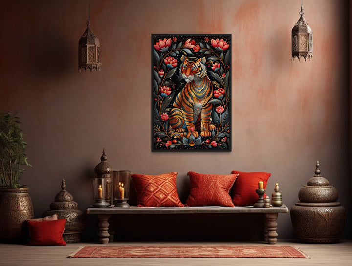 Madhubani Style Tiger Painting Framed Indian Canvas Wall Art