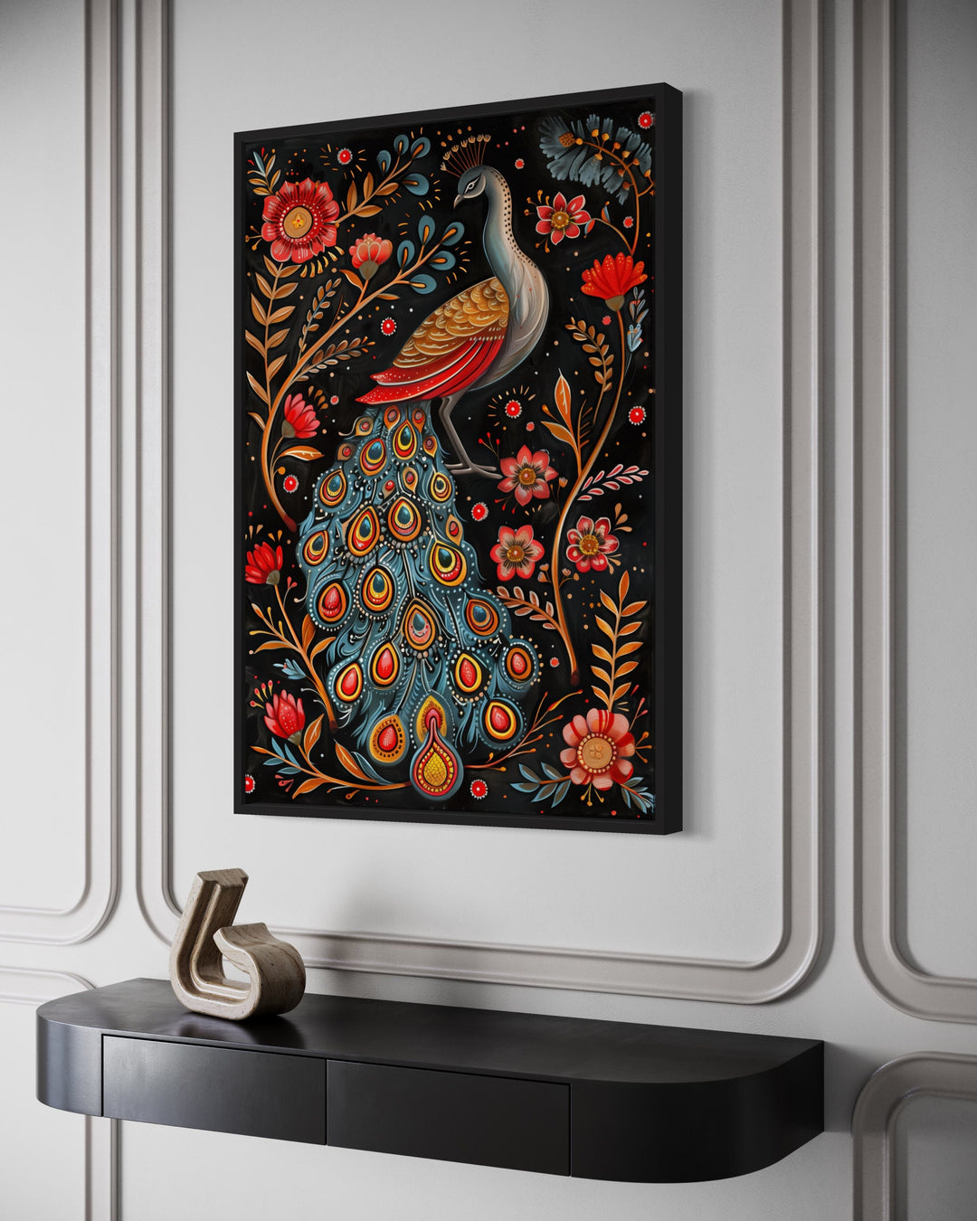 Indian Madhubani Style Peacock Framed Canvas Wall Art side view