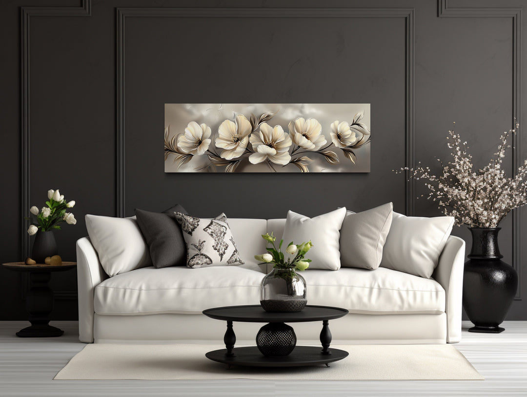 Grey Beige Ivory Large Abstract Flowers Long Horizontal Wall Art above white couch