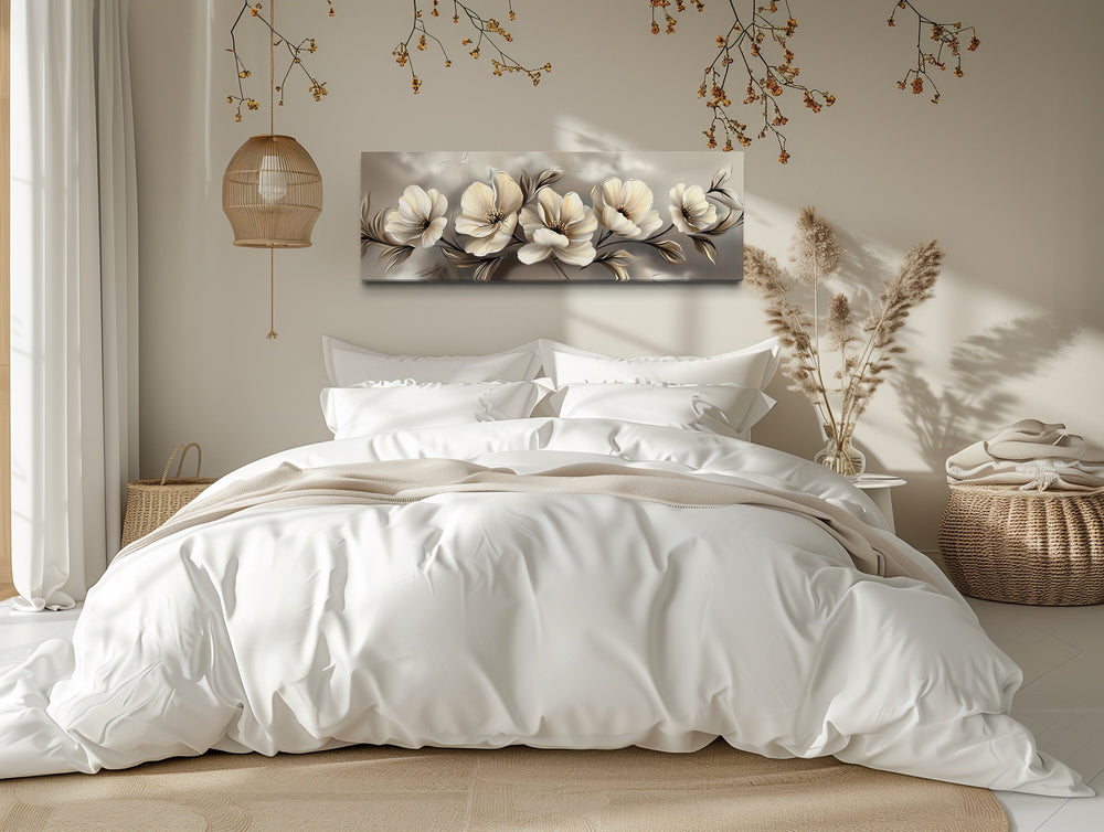 Grey Beige Ivory Large Abstract Flowers Long Horizontal Wall Art above bed