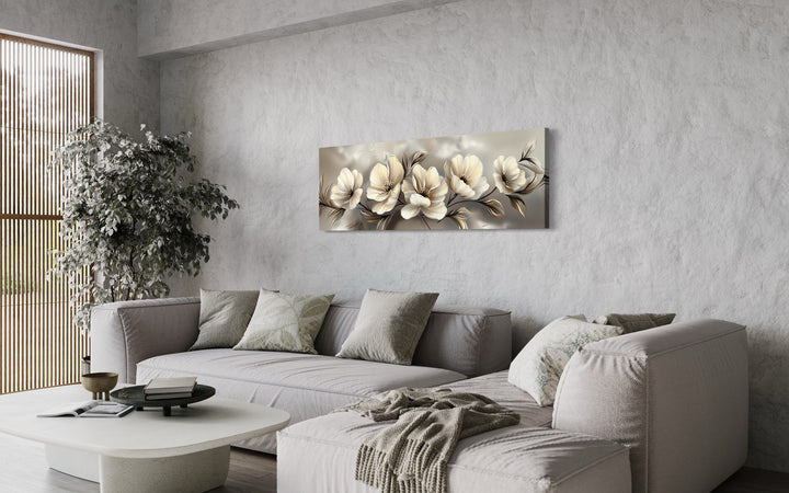 Grey Beige Ivory Large Abstract Flowers Long Horizontal Wall Art in living room