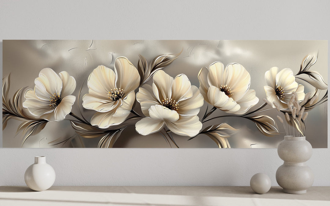 Grey Beige Ivory Large Abstract Flowers Long Horizontal Wall Art close up