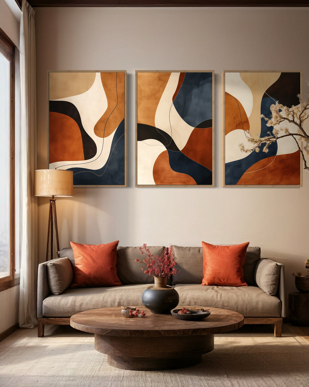 3 Piece Mid Century Modern Abstract Brown Cream Navy Framed Wall Art