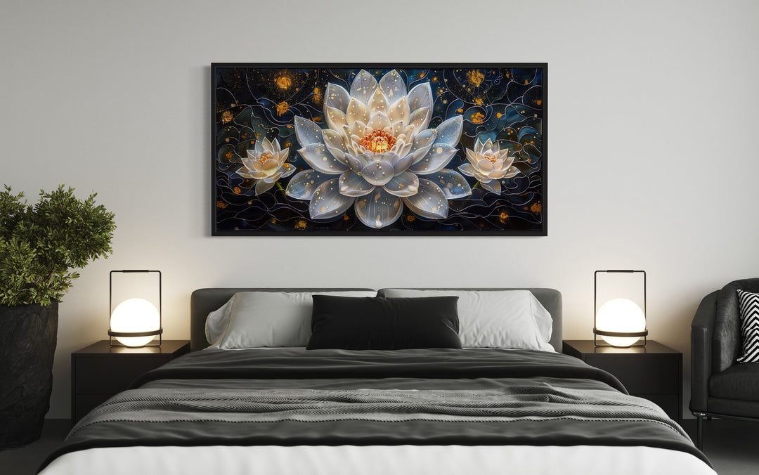 White Lotus Flower On Navy Background Zen Wall Art above bed