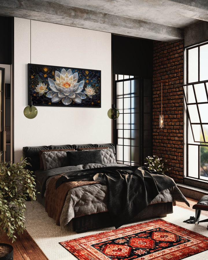 White Lotus Flower On Navy Background Zen Wall Art in bedroom