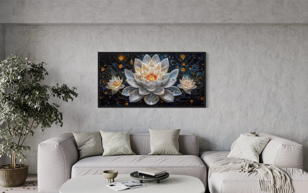 White Lotus Flower On Navy Background Zen Wall Art