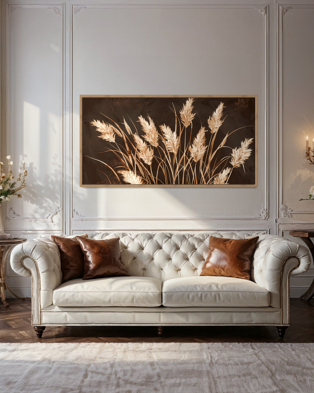 Brown Beige Grass Boho Framed Canvas Wall Art above sofa
