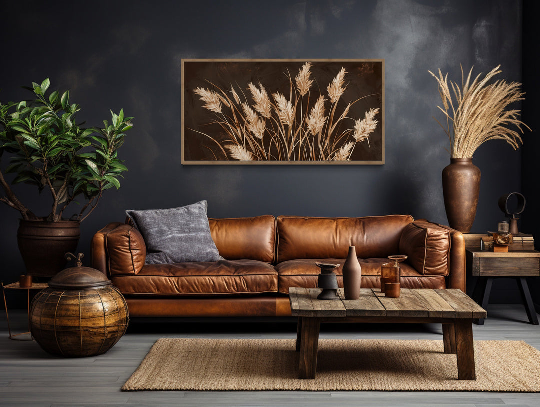 Brown Beige Grass Boho Framed Canvas Wall Art above brown couch