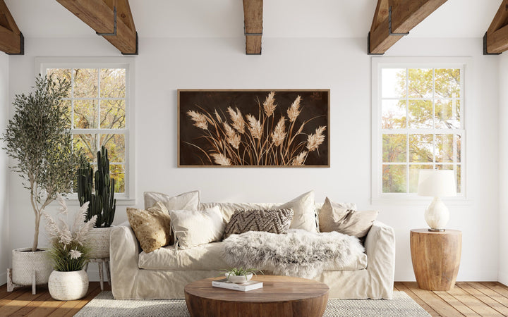 Brown Beige Grass Boho Framed Canvas Wall Art above beige couch