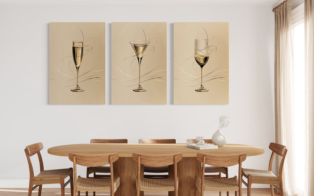 Wine Glass, Martini and Champagne Flute Neutral Wall Art in dining room