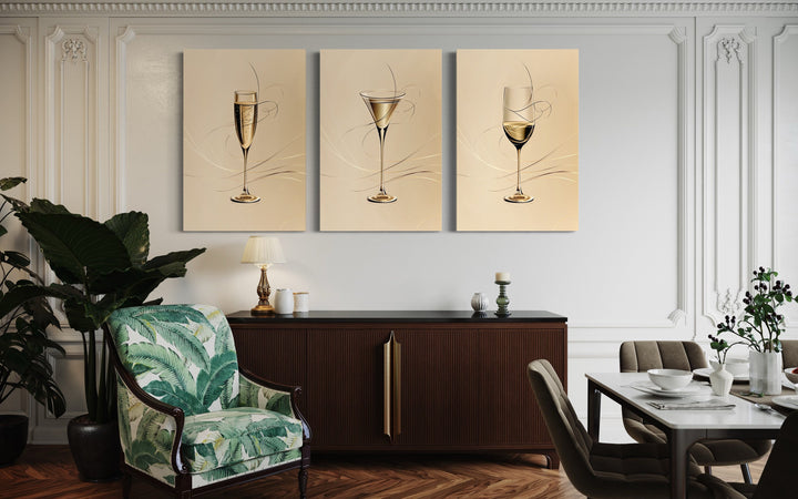 Wine Glass, Martini and Champagne Flute Neutral Wall Art in living room