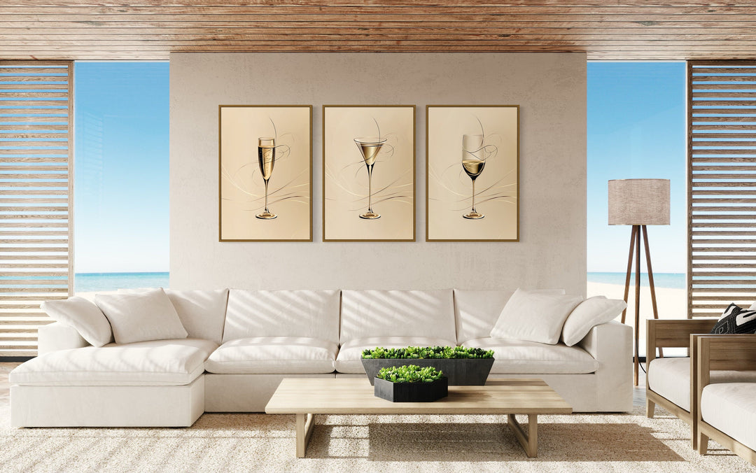 Wine Glass, Martini and Champagne Flute Neutral Wall Art in large room