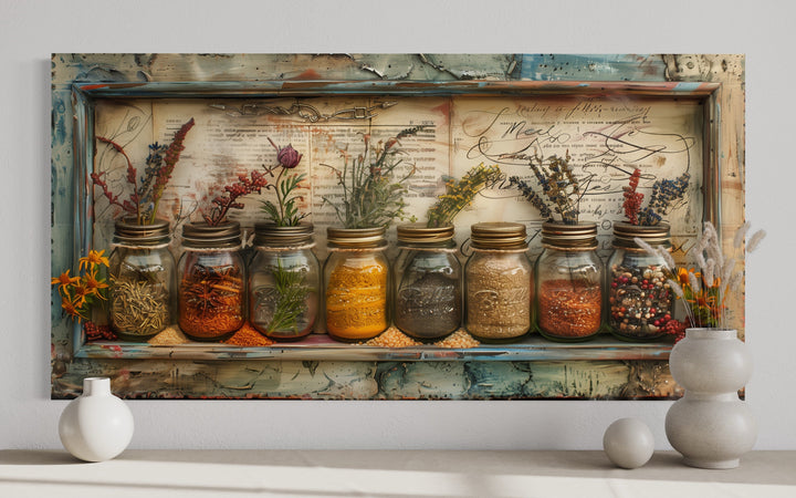 Spices In Jars Rustic Farmhouse Kitchen Framed Canvas Wall Art close up