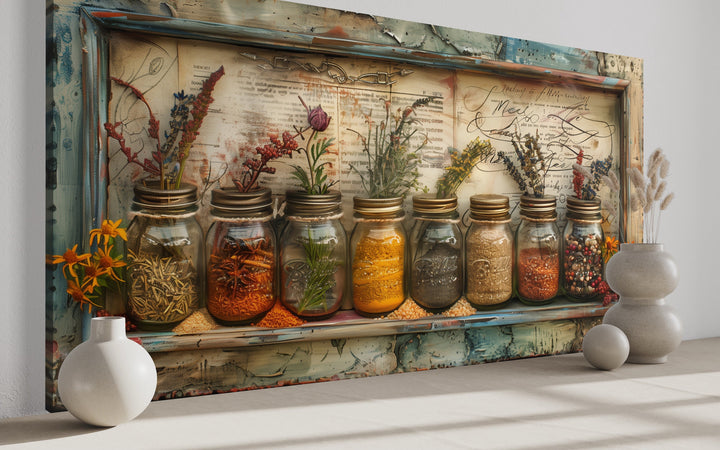 Spices In Jars Rustic Farmhouse Kitchen Framed Canvas Wall Art side view
