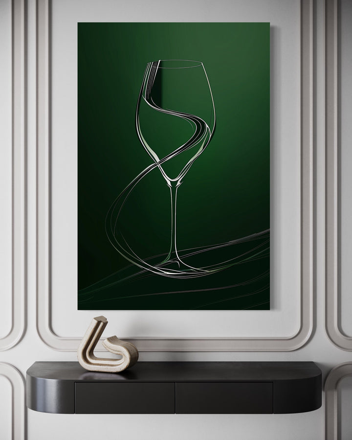 Wine Glass Elegant Painting Emerald Green Framed Canvas Wall Art For Dining Room close up