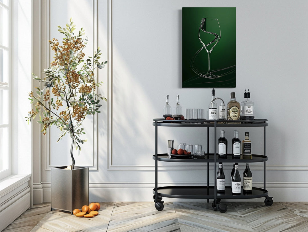 Wine Glass Elegant Painting Emerald Green Framed Canvas Wall Art For Dining Room above bar cart