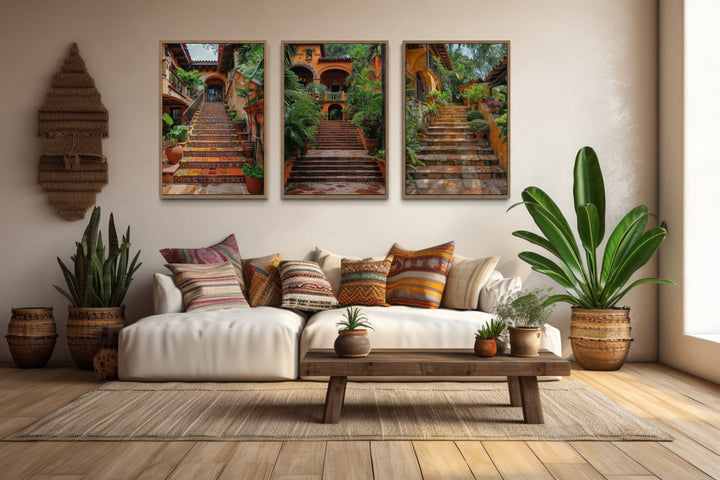 Set Of Three Hacienda Stairs Colonial Architecture Mexican Wall Art above mexican couch