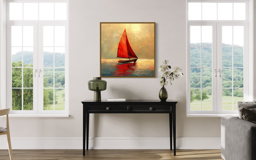 Boat With Red Sails In Golden Sunset Nautical Framed Canvas Wall Art above table