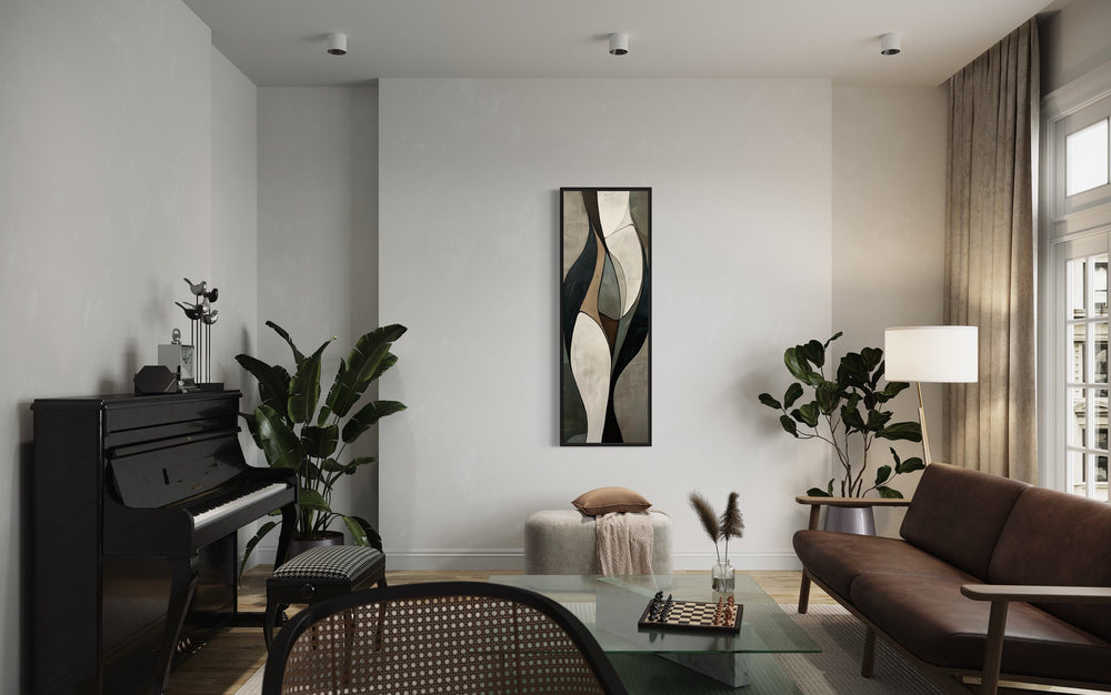 Tall Vertical Sage Green Beige Mid Century Modern Wall Art in living room