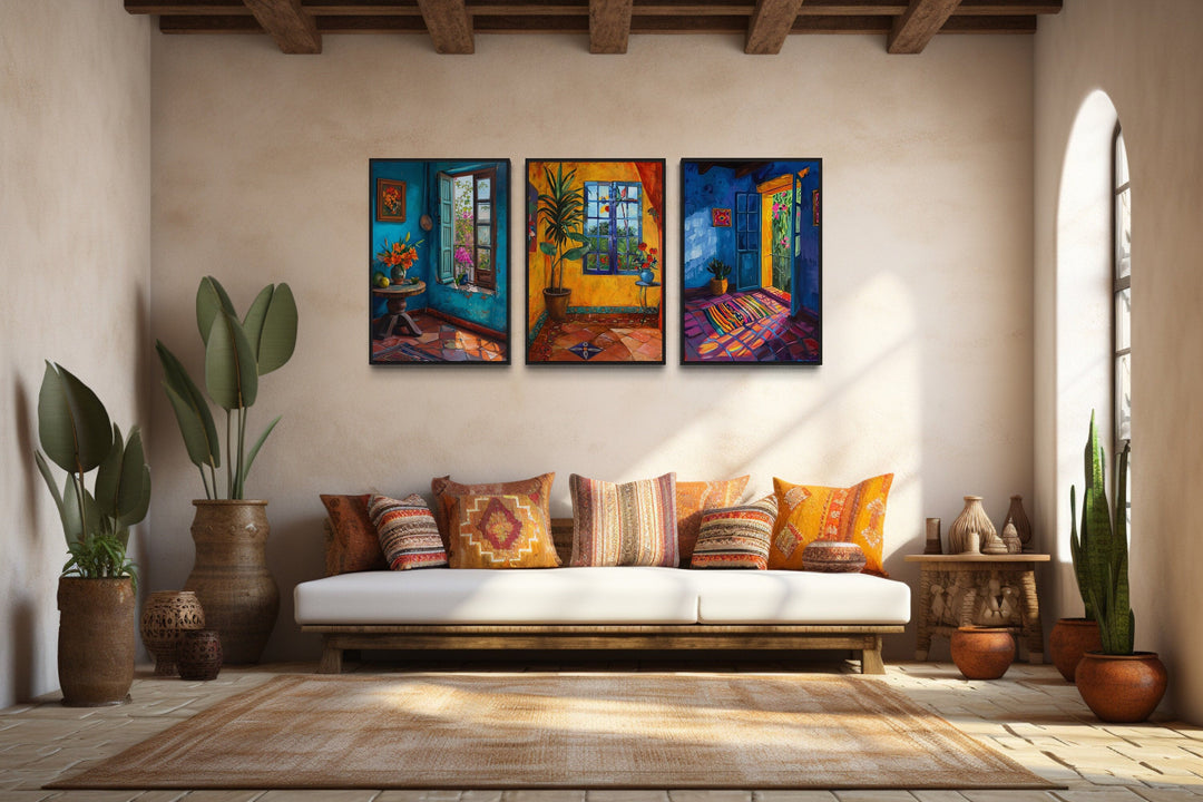 Set Of Three House And Window Mexican Wall Art above beige Mexican couch