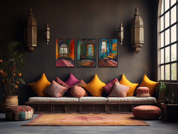 Set Of Three Colorful Indian Room And Window Wall Art in indian style room