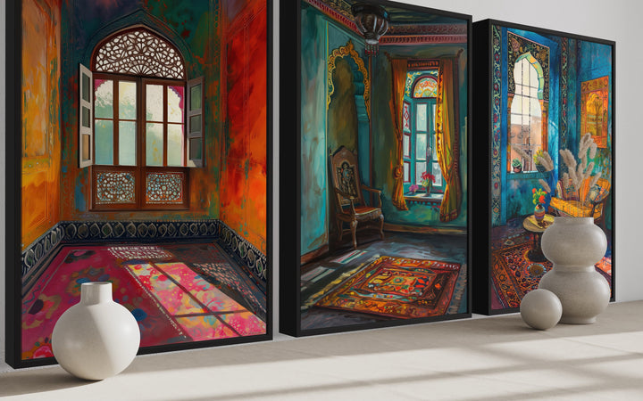 Set Of Three Colorful Indian Room And Window Wall Art close up side view