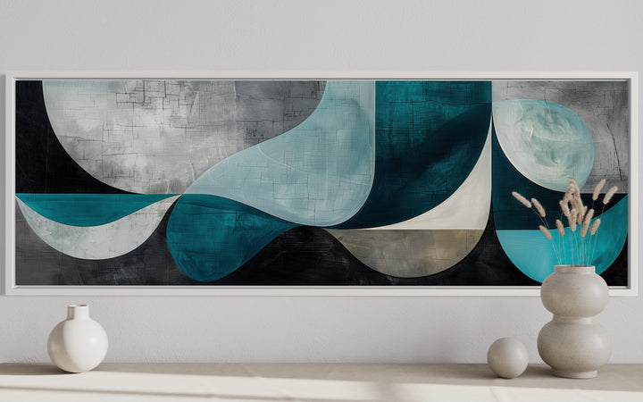 Long Horizontal Abstract Geometric Teal Blue Grey Above Bed or Couch Wall Art close up