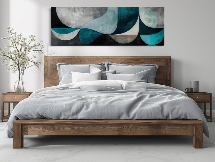 Long Horizontal Abstract Geometric Teal Blue Grey Above Bed or Couch Wall Art above bed