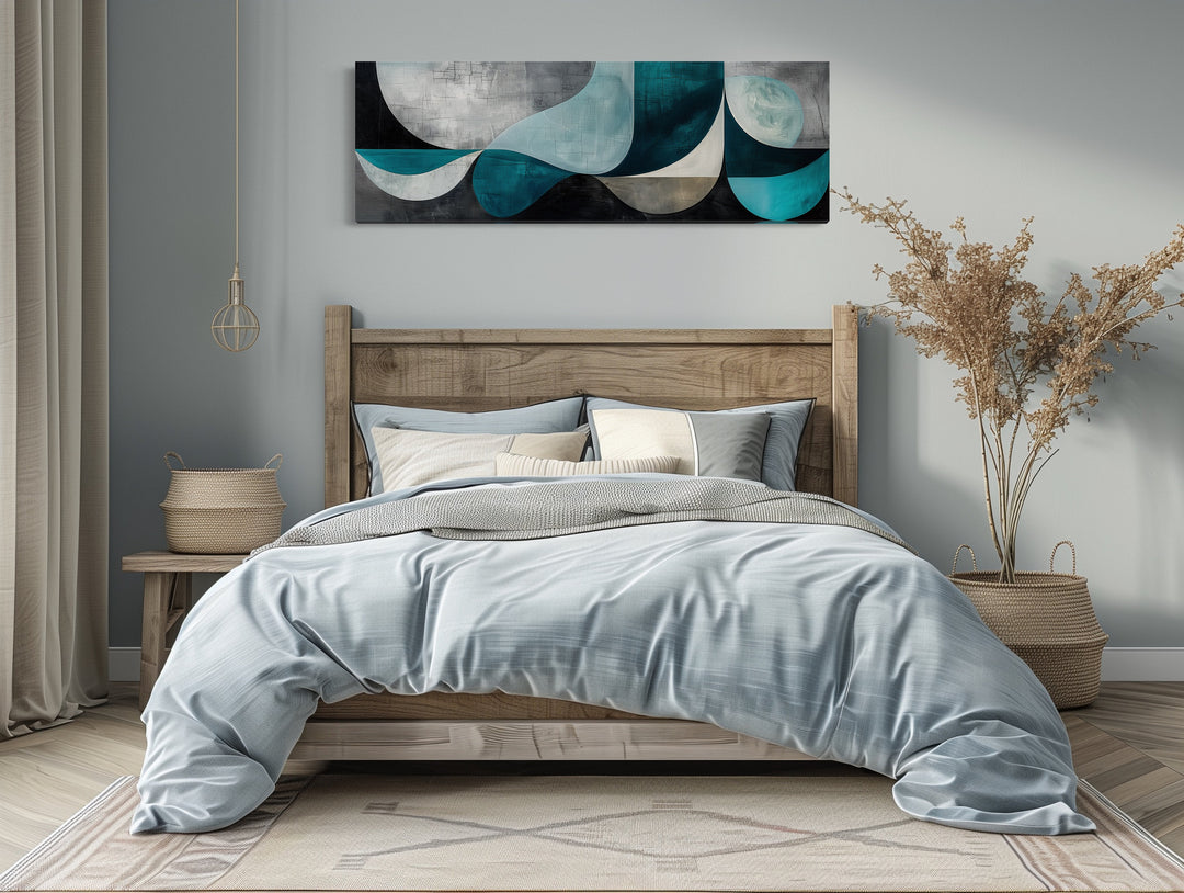Long Horizontal Abstract Geometric Teal Blue Grey Above Bed or Couch Wall Art above bed