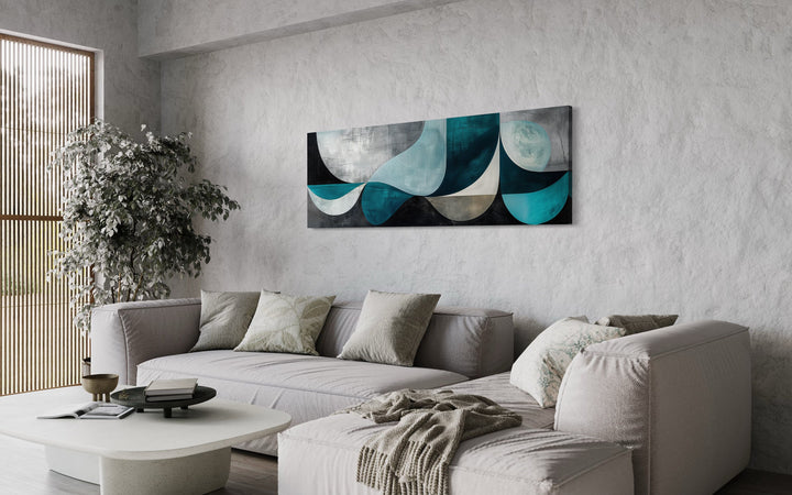 Long Horizontal Abstract Geometric Teal Blue Grey Above Bed or Couch Wall Art in living room
