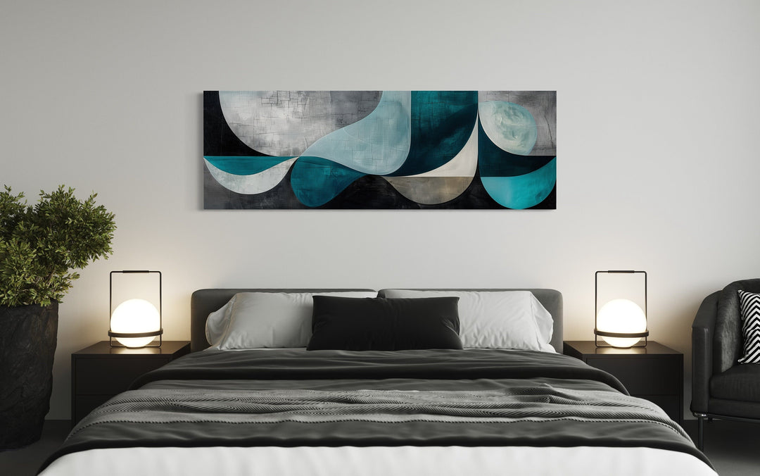 Long Horizontal Abstract Geometric Teal Blue Grey Above Bed or Couch Wall Art