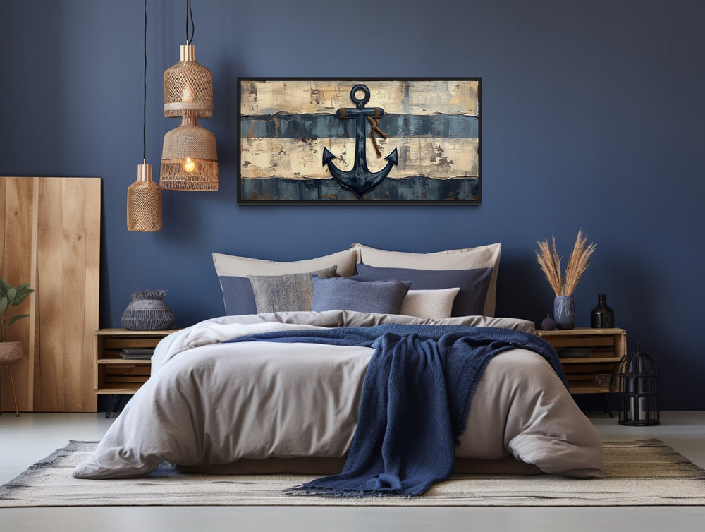 Old Ship Anchor Distressed Painting Nautical Framed Canvas Wall Art above bed