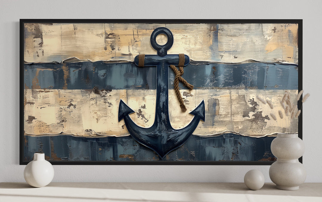 Old Ship Anchor Distressed Painting Nautical Framed Canvas Wall Art close up