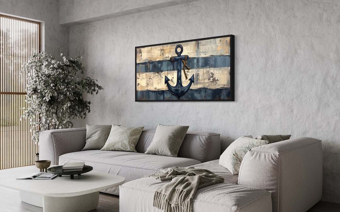Old Ship Anchor Distressed Painting Nautical Framed Canvas Wall Art above couch