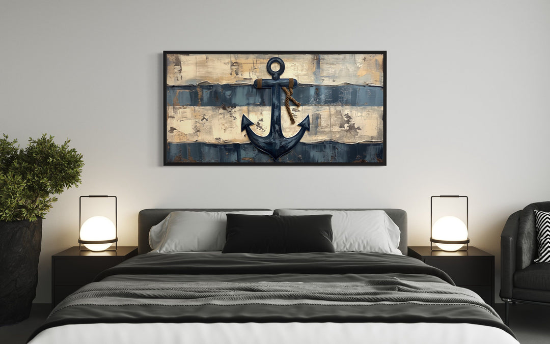 Old Ship Anchor Distressed Painting Nautical Framed Canvas Wall Art above bed