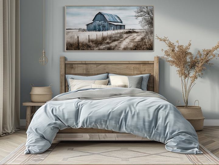 Old Blue Barn Rustic Painting Farmhouse Canvas Wall Art above bed