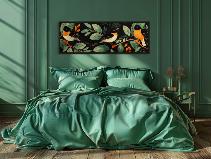 Exotic Birds In The Jungle Tropical Long Horizontal Framed Canvas Wall Art above green bed