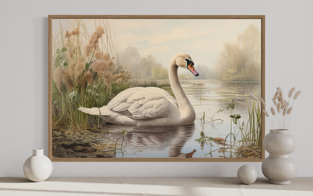 White Swan In The Lake Vintage Style Framed Canvas Wall Art close up