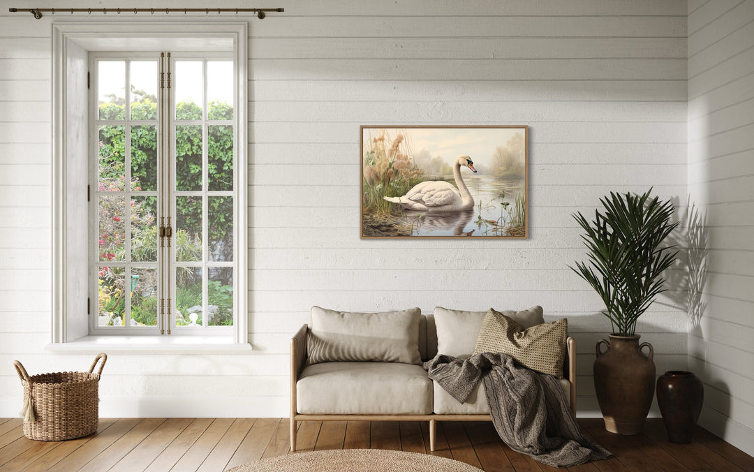 White Swan In The Lake Vintage Style Framed Canvas Wall Art in farmhouse