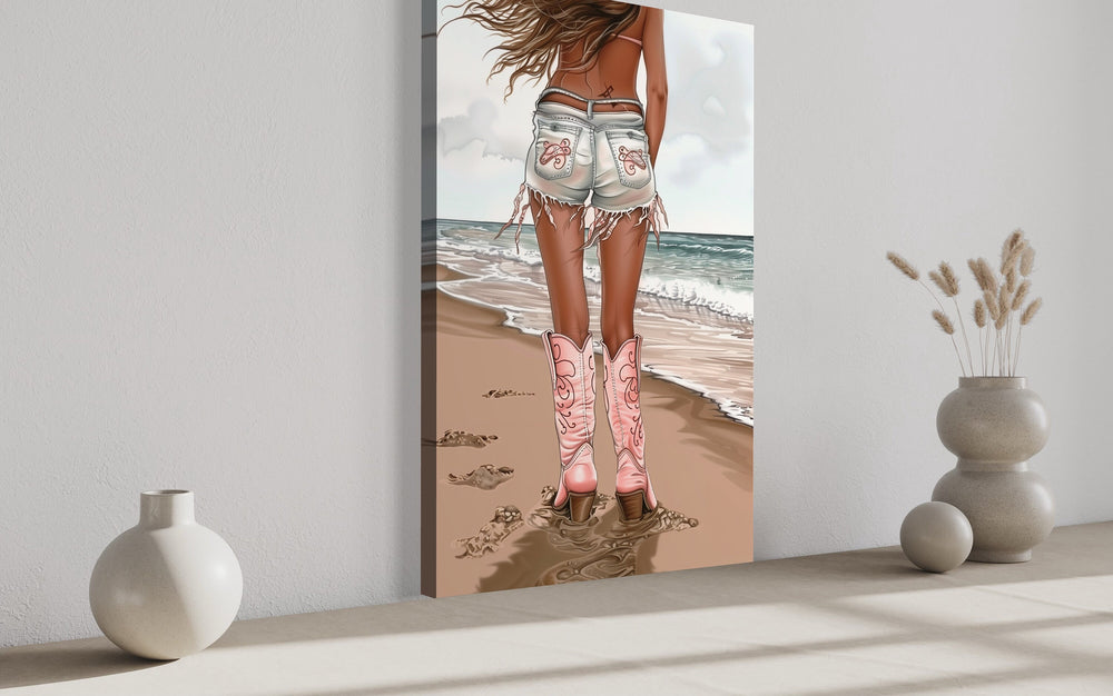 Coastal Cowgirl In Pink Boots And Jean Shorts On the Beach Southwestern Wall Art side view