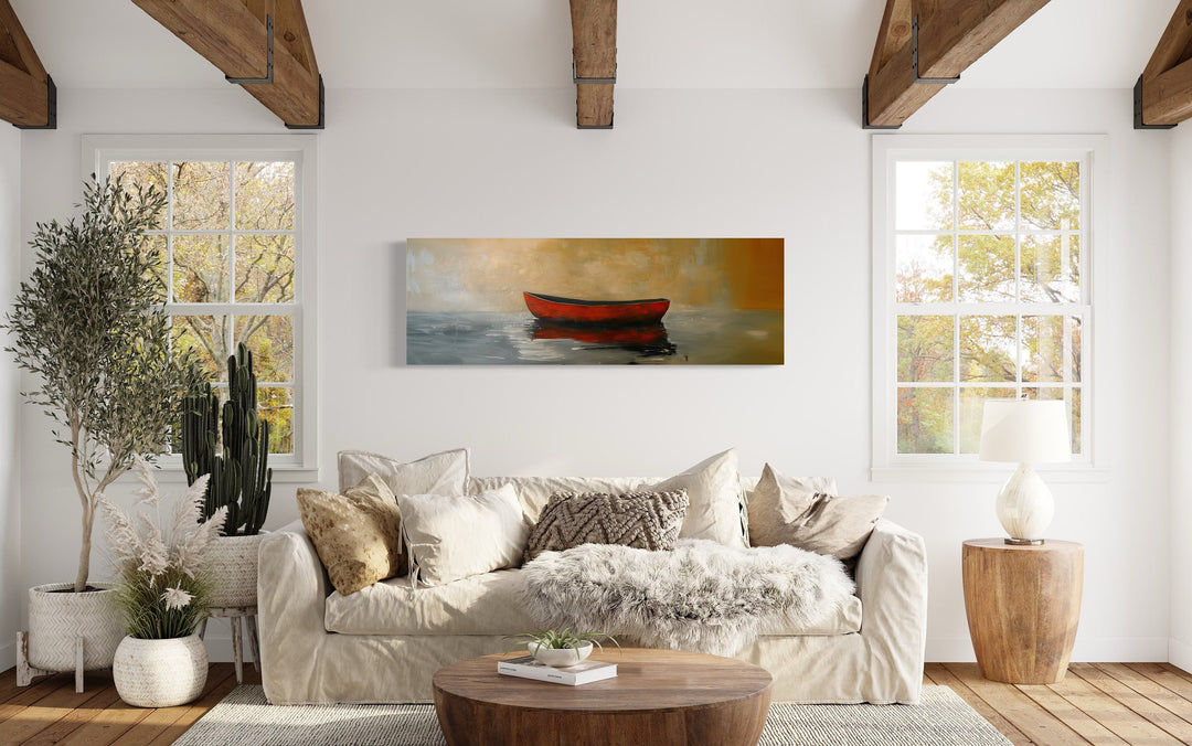 Red Gold Canoe Panting Long Horizontal Living Room Wall Art