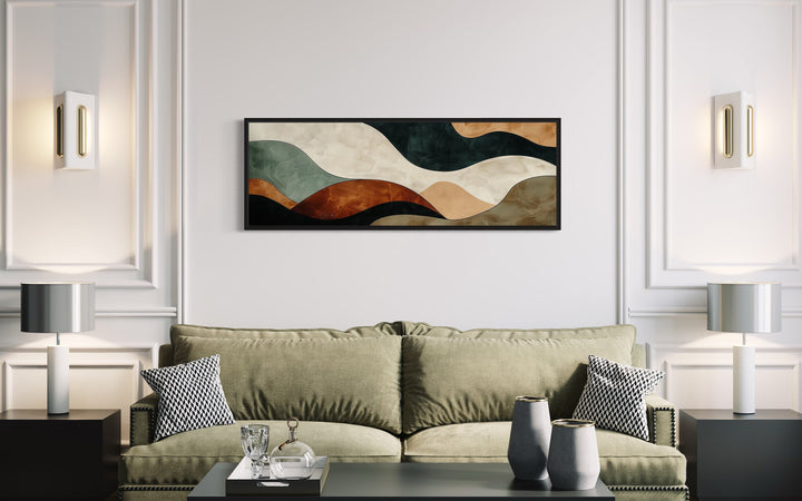 Green Brown Waves Modern Living Room Horizontal Canvas Wall Art above green couch