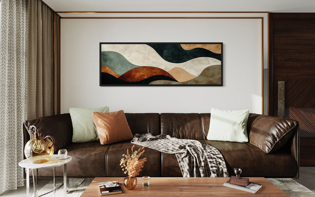 Green Brown Waves Modern Living Room Horizontal Canvas Wall Art above brown couch