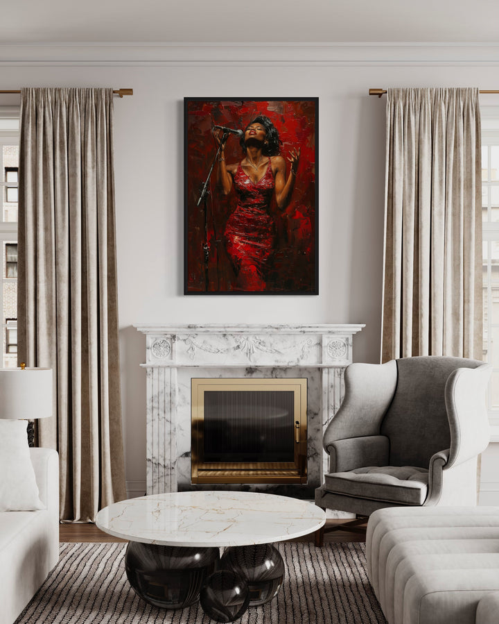 African American Woman Jazz Singer In Red Dress Canvas Wall Art above fireplace