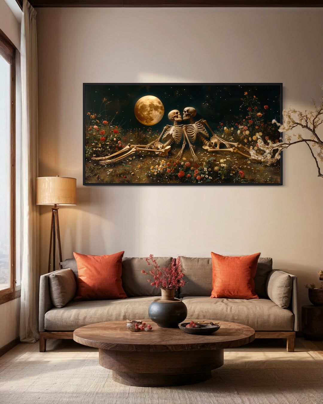Eternal Love Skeletons in Flowers Meadow Under Moon Gothic Wall Art above brown couch