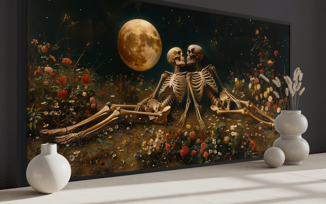 Eternal Love Skeletons in Flowers Meadow Under Moon Gothic Wall Art side view