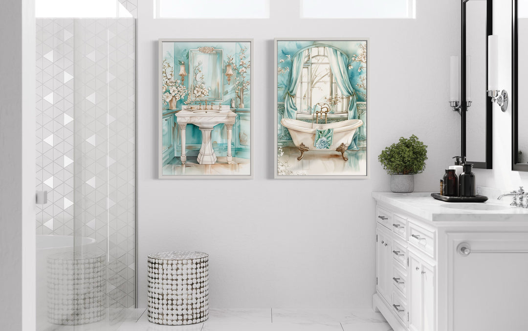 Set Of 2 Teal Bathroom Vintage Tab And Sink Chinoiserie Wall Art in washroom