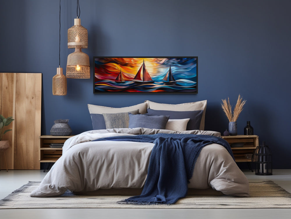 Art Deco Sail Boats Panoramic Framed Canvas Wall Art above bed
