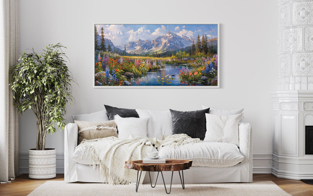 Spring Wildflowers In Mountain Valley Landscape Framed Canvas Wall Art